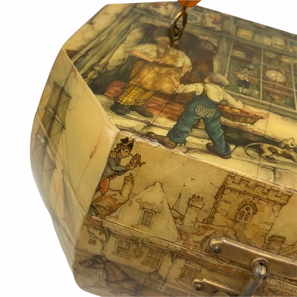 Vintage 1970s Anton Pieck Street Scene Decoupage Wood Box Lucite Purse Handbag - Picture 13 of 13